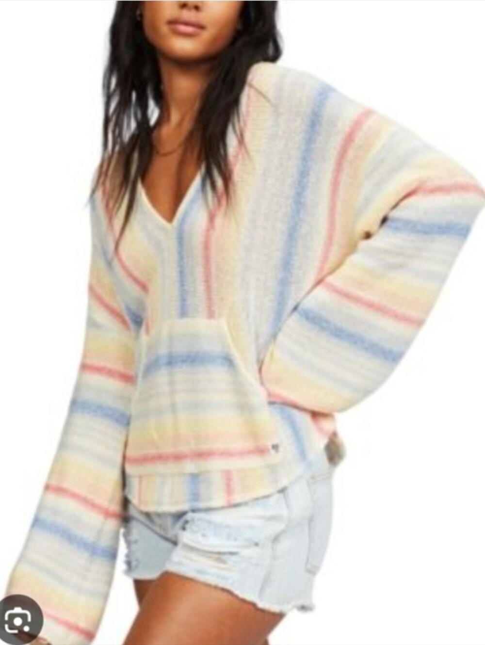 Buc-ees Pastel Thin Knit Hooded Striped Blue White Pink Swim Cover L Hoodie Swea